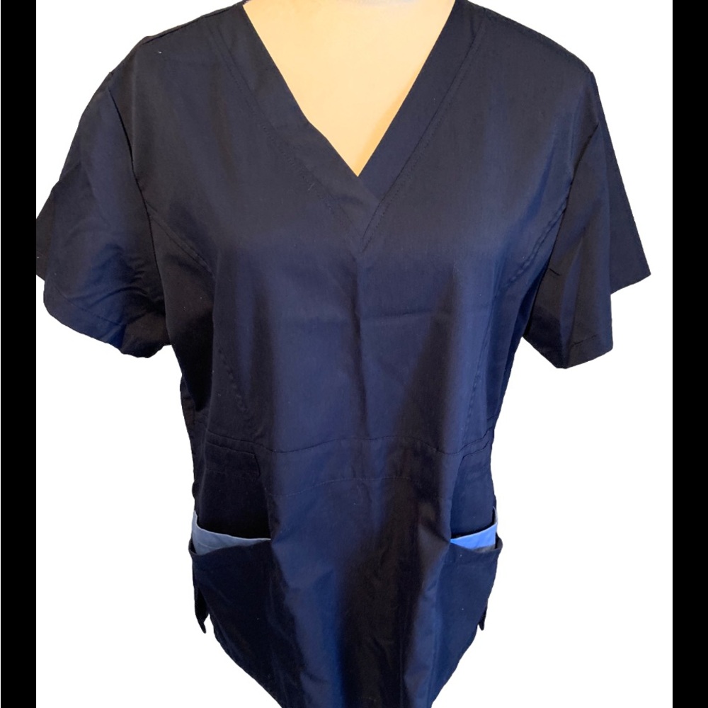 Dagacci Natural Stretch Scrub Top Unisex Navy w Lt Blue Trim Large